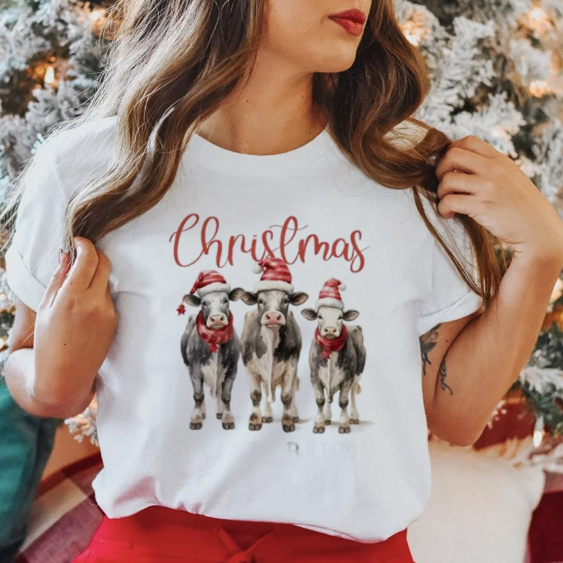 Christmas Cow Cute And Sweet 90s Women\'s Short Sleeved Printed Clothing T-Shirt Top Fashion Pattern Basic Casual Fun T-Shirt