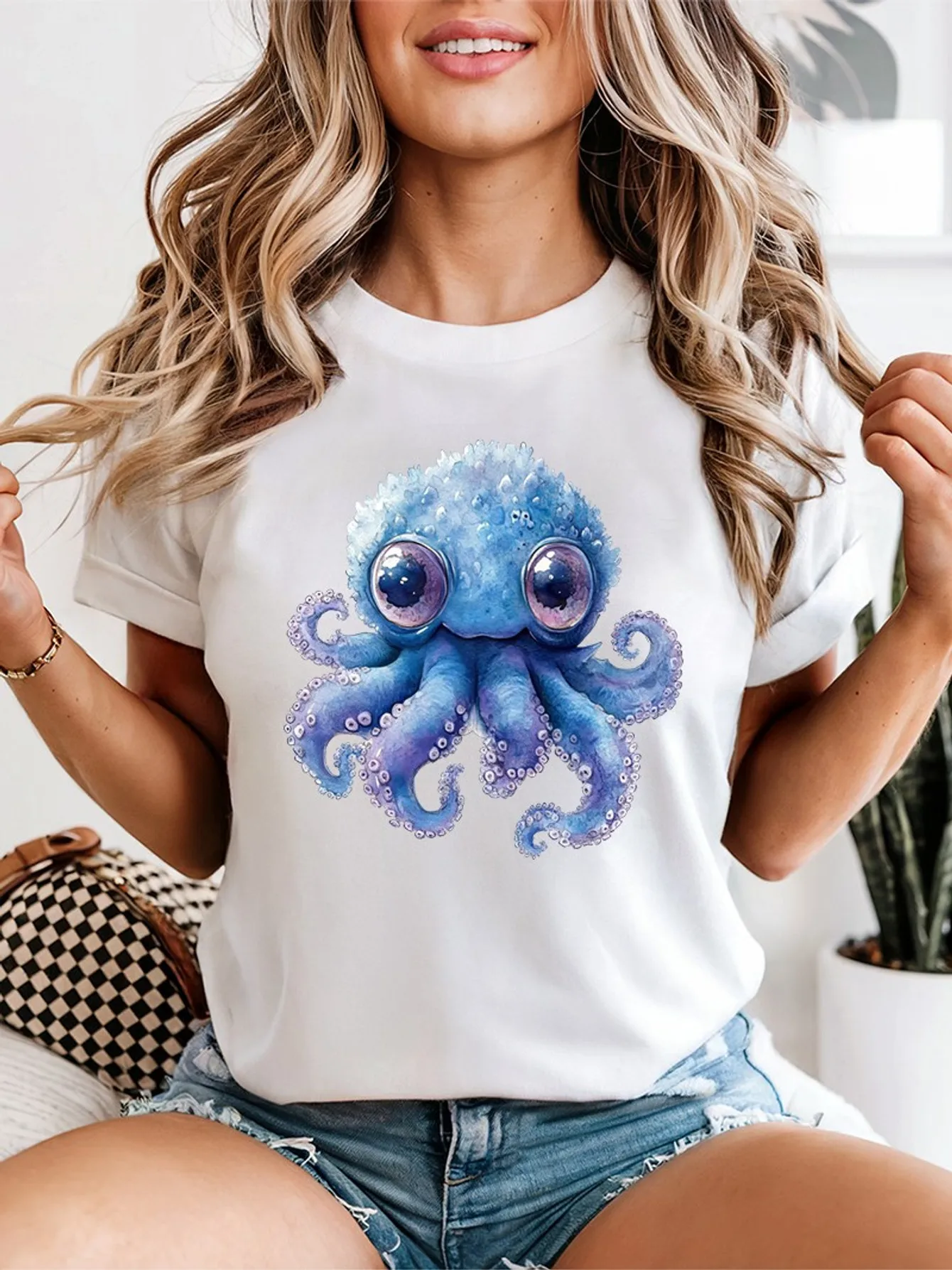 Cute Watercolor Blue Octopus Big Eyes Marine Creature Art Print Graphic Ladies T Shirt Short Sleeve Crew Neck Casual Tee Tops