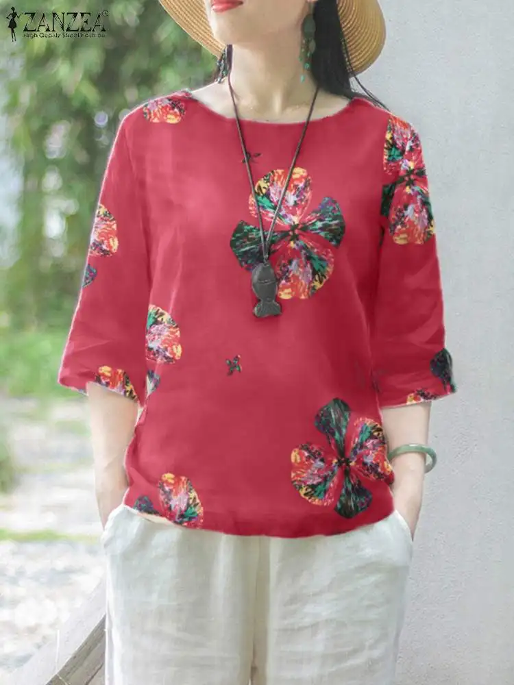 

ZANZEA Holiday Retro 3/4 Sleeve Tunic Summer Women Blouse Vintage Floral Print Tops Korean Round Neck Shirt Casual Loose Blusas