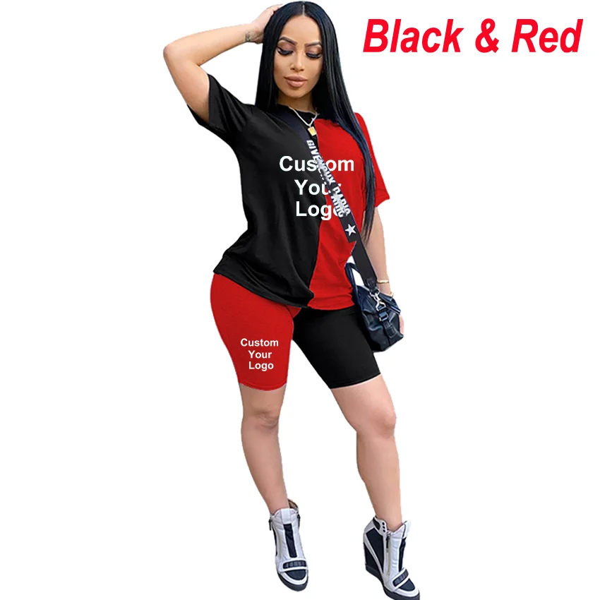 Camiseta e shorts de manga curta feminina casual com gola redonda, logotipo personalizado feminino, moda verão, conjunto 2 peças