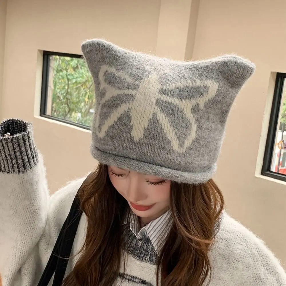 Casual Curly Cat Ears Beanie Cap Windproof Ear Protection Butterfly Knitted Hat Y2K Style Thickened Wool Jacquard Cap