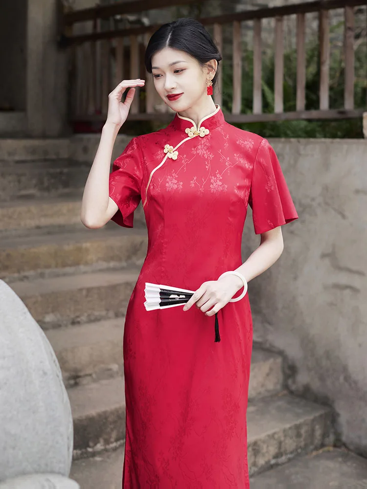 

Red Improved ort Sve Button Wedding Dr High Slit Chinese Sle Wedding Dinner Par Ceremony Dr