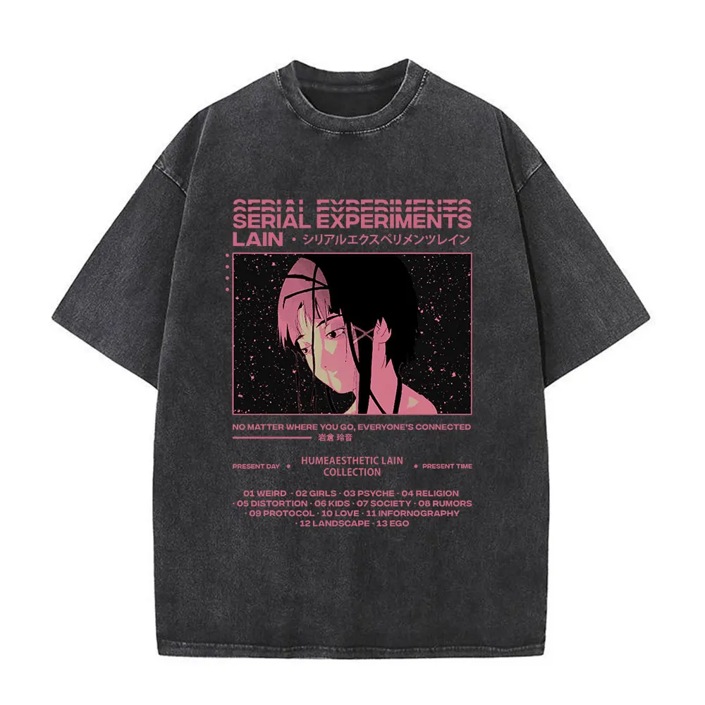 Anime Serial Experiments Lain Vintage Washed T-Shirt Iwakura Manga Girl Sci Fi Short Sleeve Tee Shirt 100% Cotton Casual T Shirt