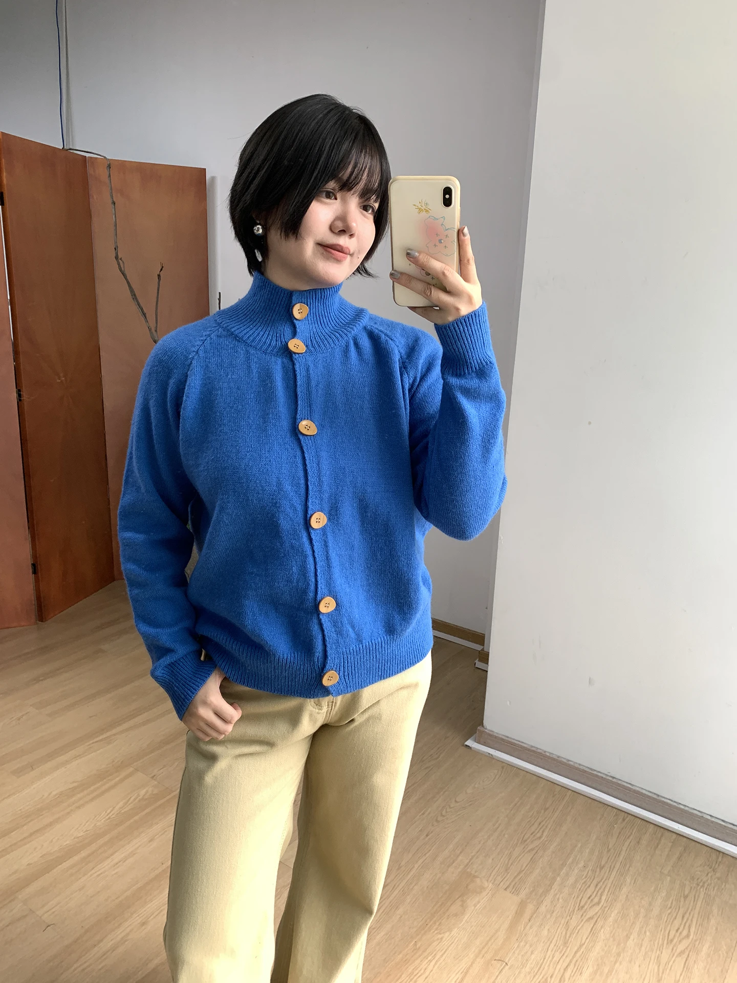 

plus Size Fi Cake Light Blue Knitted Cardigan Loose Fit Women's Autumn Top High Collar Long Sve Button down Casual Sle