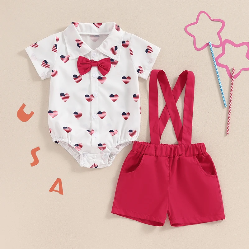 

Toddler Boy Gentleman Outfit Patriotic Heart Print Button Romper with Bow Tie and Suspender Shorts Set for Formal Wear