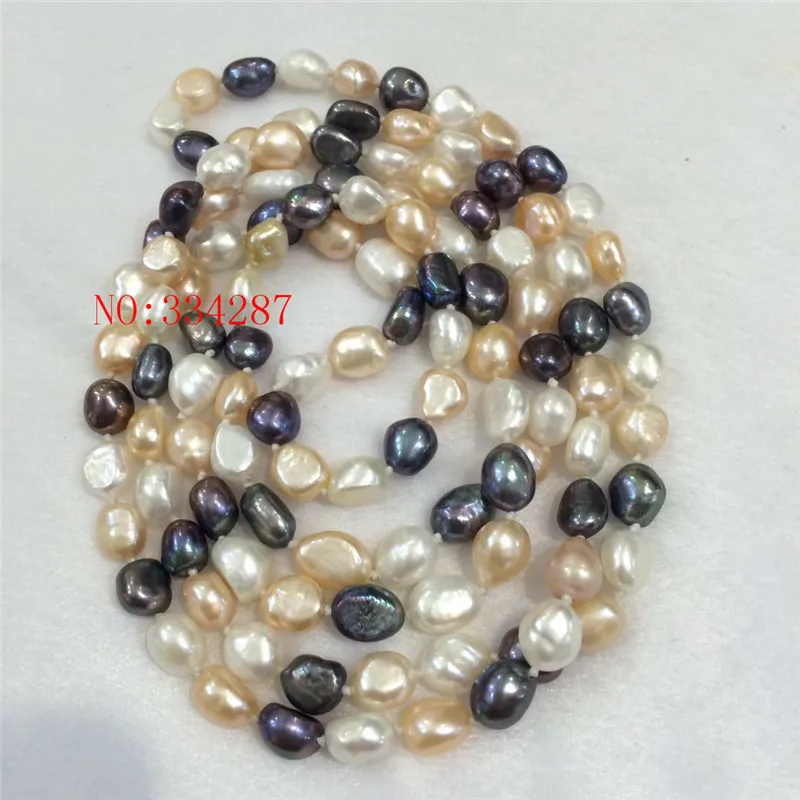 Genuine Natural 8-9mm White Pink black  Baroque Freshwater Pearl Necklace 48INCH Long sweater chain