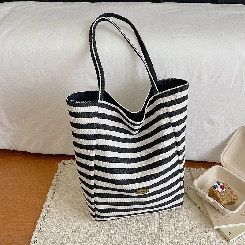 Korean Stripe Letter Double-Sided Shoulder Bags for Women Large Capacity Ladies Casual Tote Bag Versatile Female Bucket Handbag