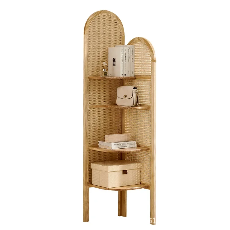 Nordic log real rattan three-turn corner cabinet, storage decorative bookshelf, living room sofa corner cabinet