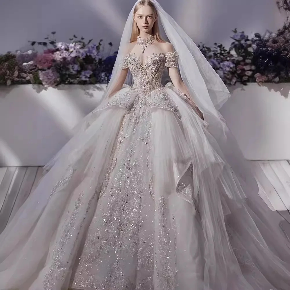 White Ball Gown Princess Wedding Dresses 2026 High Neck Long Sleeves Vestido De Novia Lace Sequined Luxury 15 Quinceanera