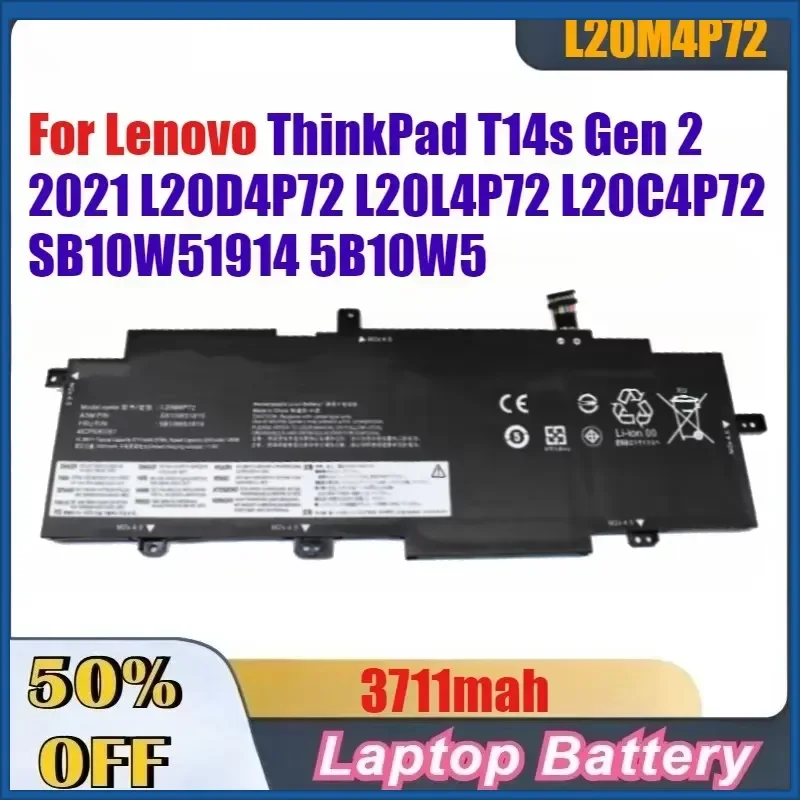 3711mAh L20M4P72 High-Quality Laptop Battery for Lenovo ThinkPad T14s Gen 2 2021 L20D4P72 L20L4P72 L20C4P72 SB10W51914 5B10W5
