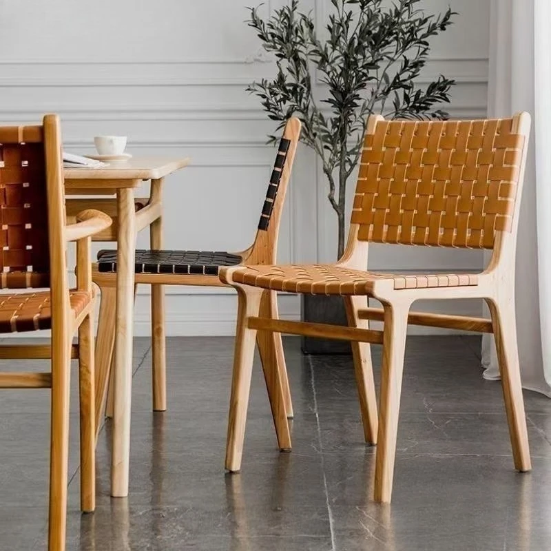 Solid wood woven household light luxury retro simple rattan chair casual back chair dining chair