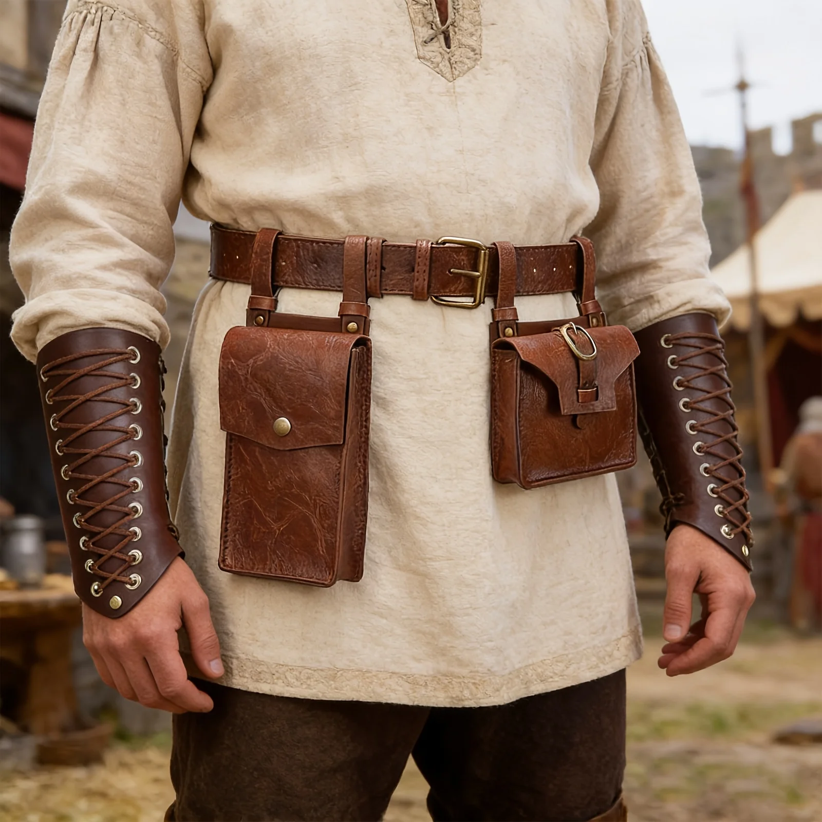 Medieval PU Leather 3pcs Set Adjustable Belt with Double Strap Waist Pouch Laced Wrist Guards Renaissance Costume Accessories for LARP&Cosplay