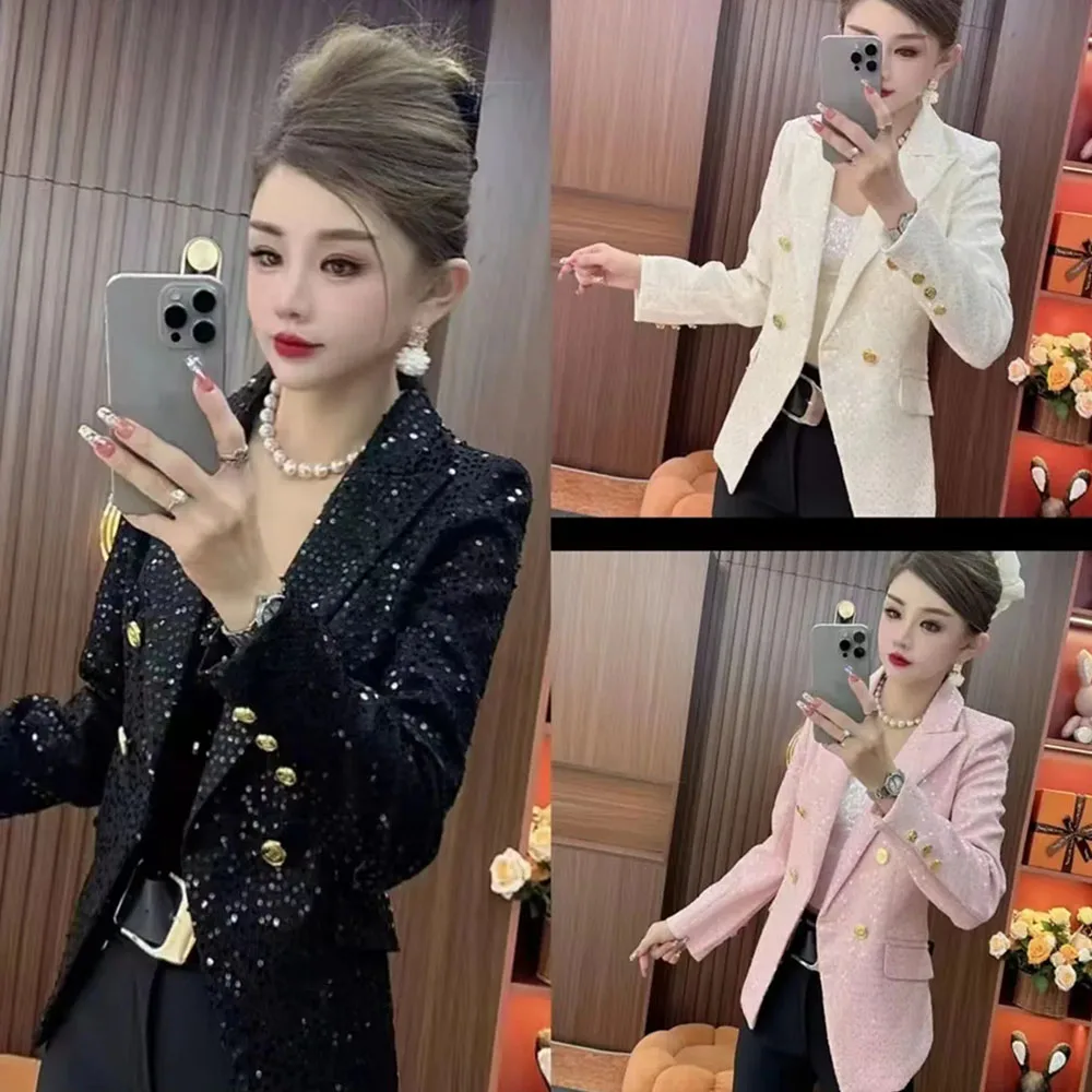 Fashion Women's Suit Jacket 2024 Spring Autumn Small Fragrant Wind Sequin Light Luxury Coat Female Long Sleeve Casual Slim Tops