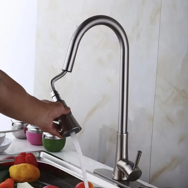 Modern Single-Handle Copper Kitchen Faucet Pull Spray Water Tap Electric Feature Single-Hole Including Soap Dispenser