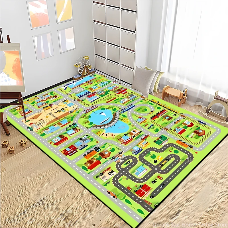 子供のための漫画の道路交通カーペット、車のおもちゃ、男の子と女の子のためのエリアラグ、ベビールームのための教育ラグ、保育園のプレイマット、都市生活