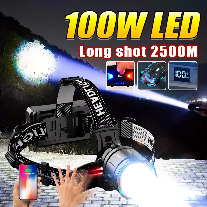 

100W LED Sensor Headlamp Flashlight USB Rechargeable Type-c Head Torch High Power Long Range Zoom Head Lamp For Camping Fishing