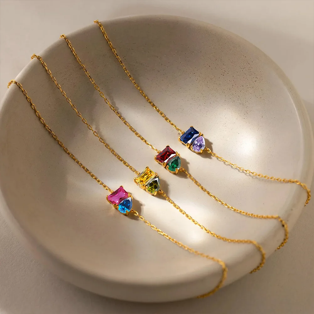 European  Stainless Steel Dual Gem Bracelet Rectangle Square & Teardrop Zircon Birthstone Thin Dainty Ladies Wrist Chain
