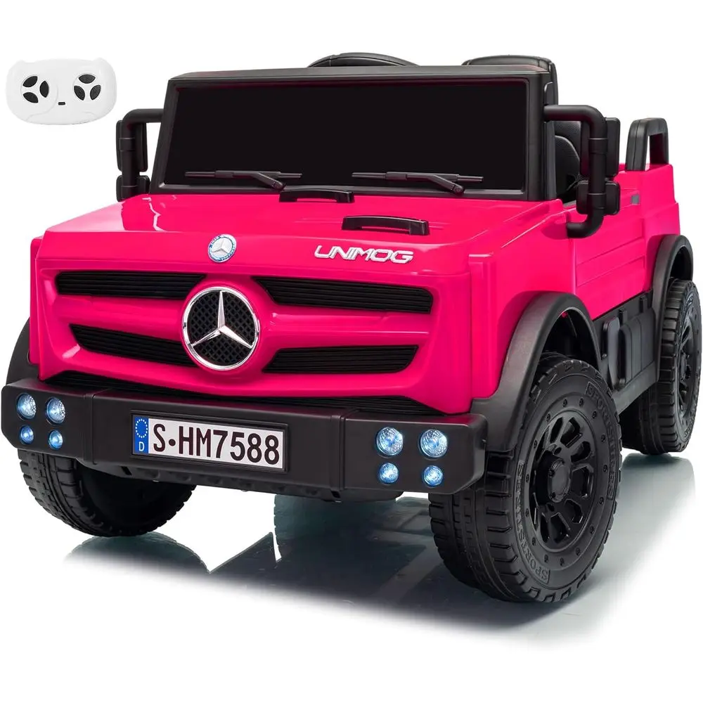 Carro de passeio de 12V com controle remoto para pais, carro Mercedes-Benz UNIMOG licenciado para crianças, luzes LED, música e buzina, partida suave, Lo