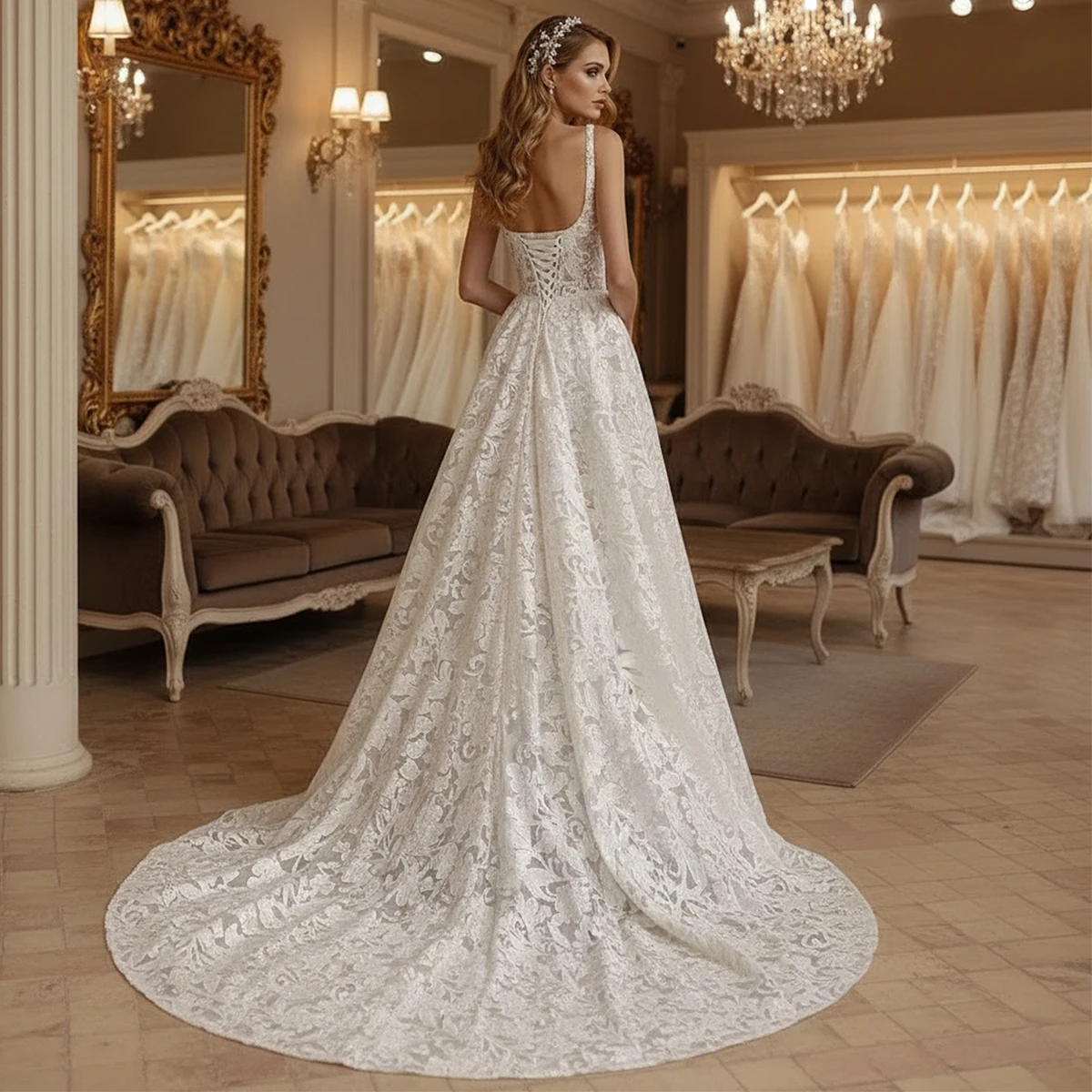 Elegant Lace Backless Ball Gown Wedding Dresses With Train Vestidos Novia Long A Line Square Collar Bridal Party Gown For Women