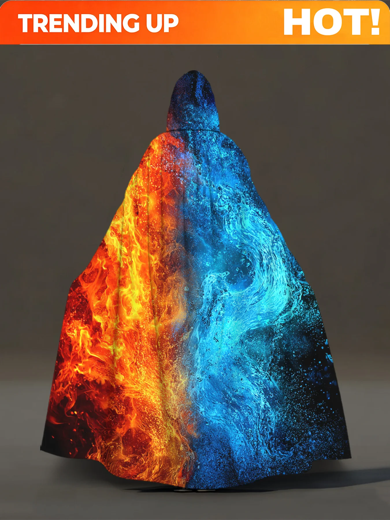 Customization 2D Flat Robe, 1pc, Fire And Ice Contrast Hooded Cape, Vintage All-Over Print Costume Cloak For Cosplay, Halloween,