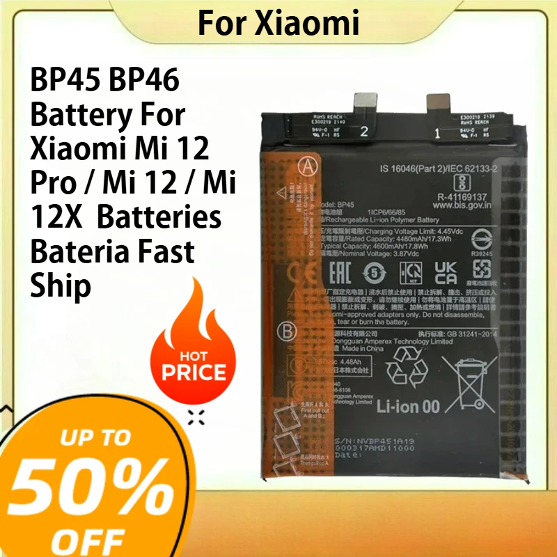 

2025 Years Phone Replacement BP45 BP46 Battery For Xiaomi Mi 12 Pro / Mi 12 / Mi 12X Batteries Bateria Fast Ship