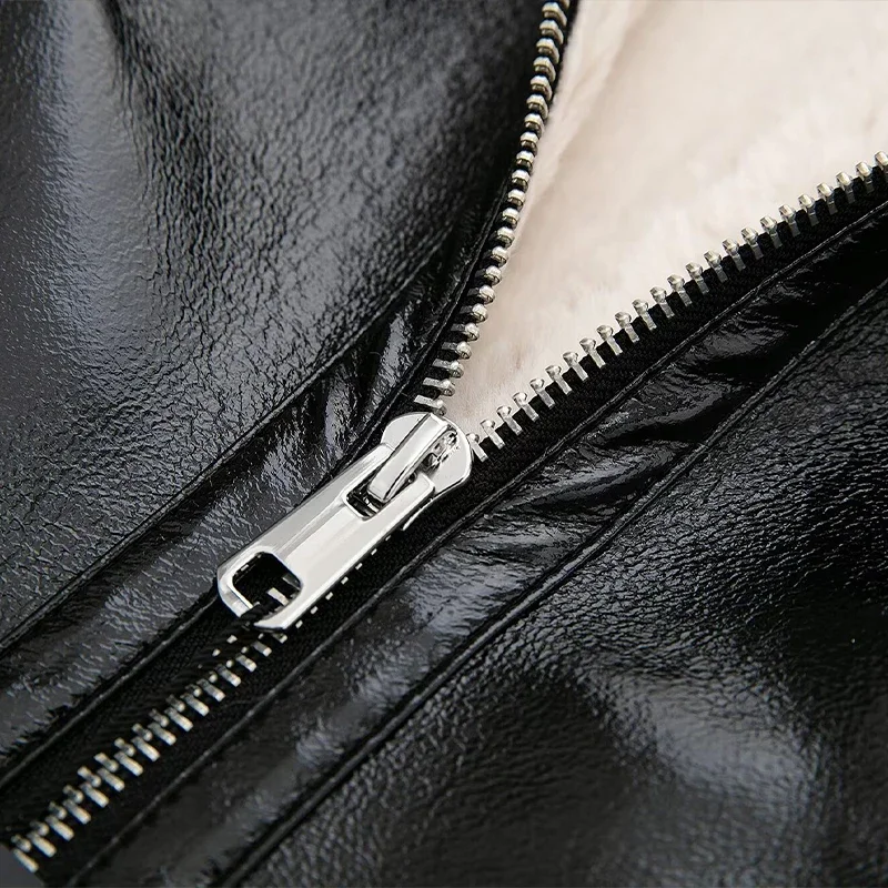 Women Fashion PU Black Front Zipper Bomber Jackets Vintage Lapel Neck Long Sleeves Female Chic Lady Outfits