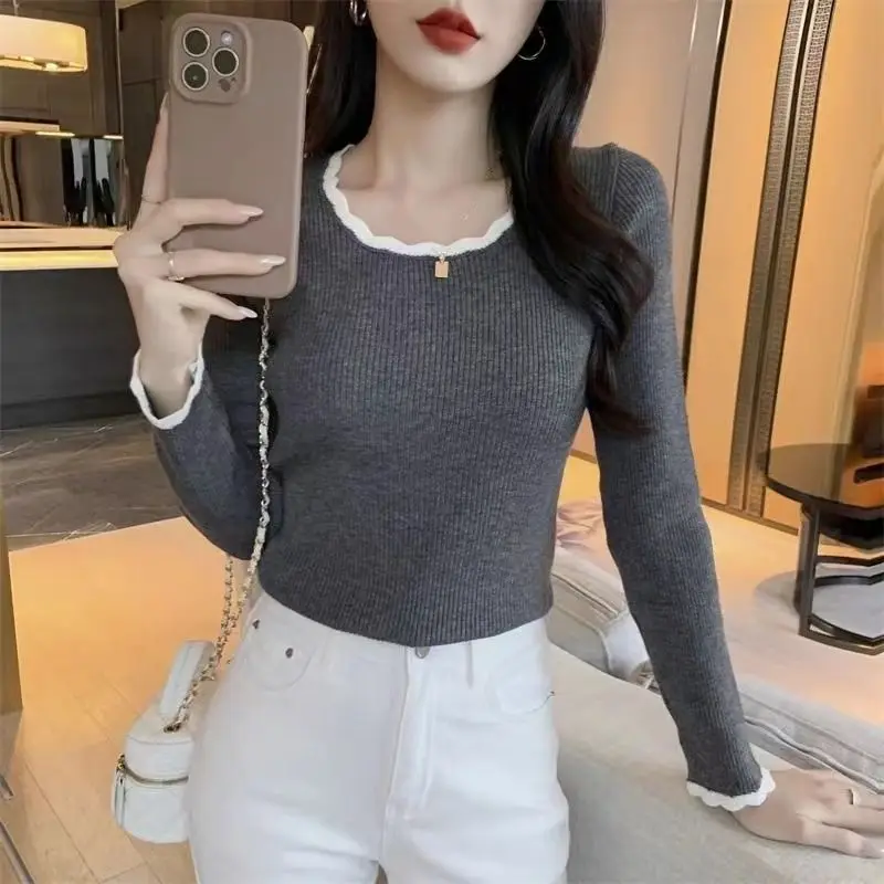 Autumn Winter Elegant Elegant Patchwork Knit Pullovers Women Clothing O-neck Long Sleeve Elegant Sweaters Office Lady Solid Tops