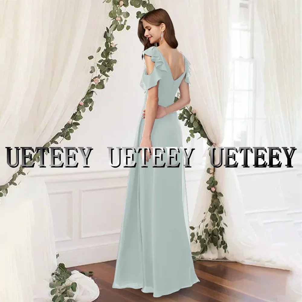 Robe de demoiselle d'honneur trapèze vert menthe, personnalisée, élégante, manches à volants, longueur au sol, robes de soirée de mariage en mousseline de soie pour femmes