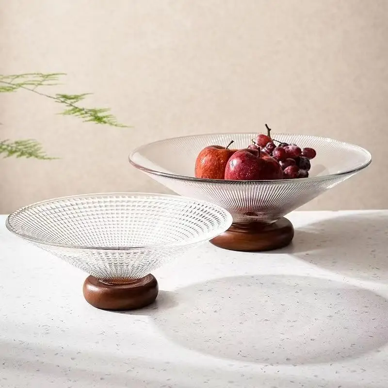 High-grade Glass Wooden Bottom Fruit Bowl Luxury Living Room Household High-value Coffee Table Front Desk Snacks Candy Fruitbowl