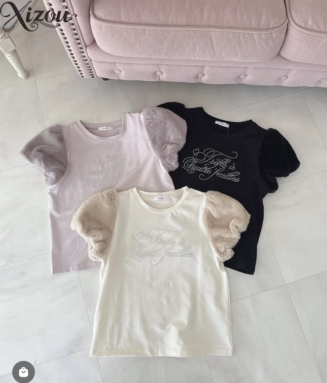 Y2K 여성용 비즈 장식 라운드 넥 짧은 퍼프 플러피 버블 슬리브 티셔츠 레터 탑 하이 웨이스트 A라인 봄 가을