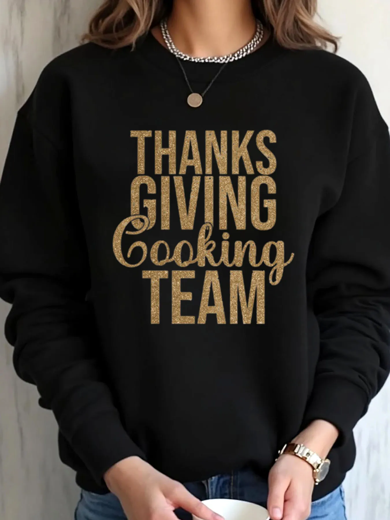 

Женская толстовка больших размеров на День Благодарения с блестящим текстом, кулинарная команда, праздничная одежда для вечеринок