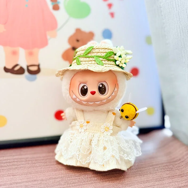 Bonitos muñecos de peluche, ropa para Labubu I II, estilo coreano, sombrero de paja de Margarita esponjosa, traje, vestido, sombrero de flores, traje para Ladbubu Crybaby
