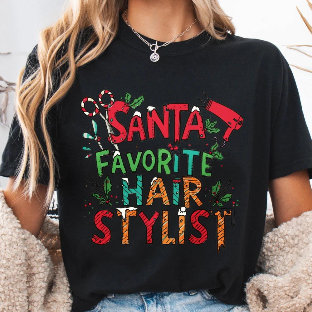 Christmas Hair Stylist Shirt Santa's Favorite Hairdresser Unisex Softstyle Tees Hairstylist Christmas Tee Winter Holiday Tops