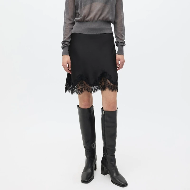 

Women Elegant Eyelash Floral Lace Hem Trimmed Patchwork Mini Skirt Side Zipper High Waist Satin Silky A-line Skirts