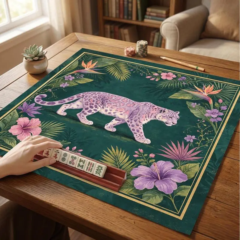 VIKAMA Dark Green Purple Leopard Mahjong Mat Silent Shock Absorb Vintage Jungle Household American Mahjong Table Cover