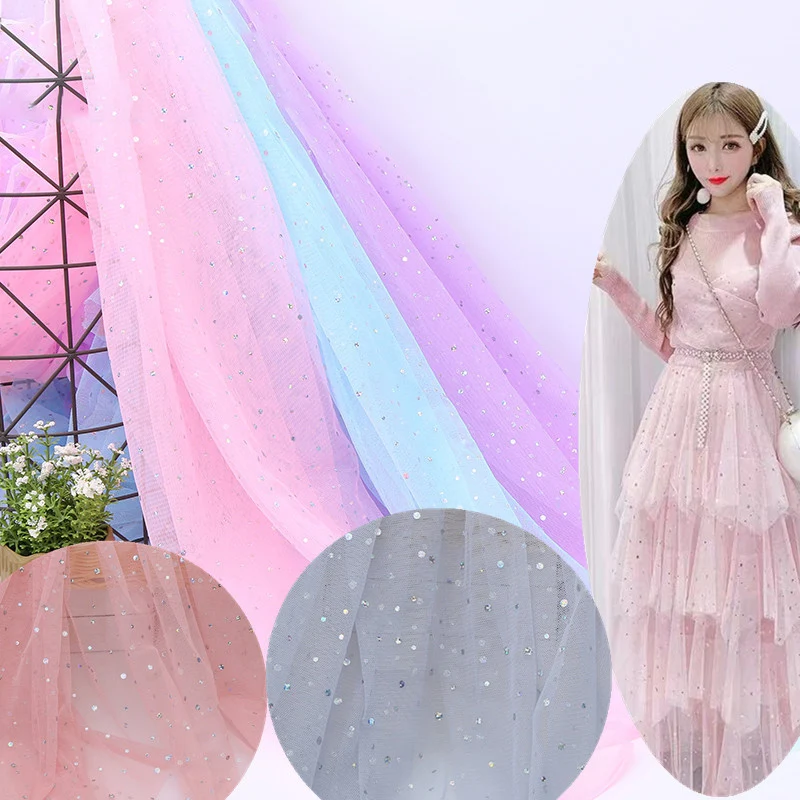 150cm 1meter Glitter Mirage Silver Dot Printing Tulle for Girls Summer Princess Dress Handmade DIY Clothing Decoration Fabric