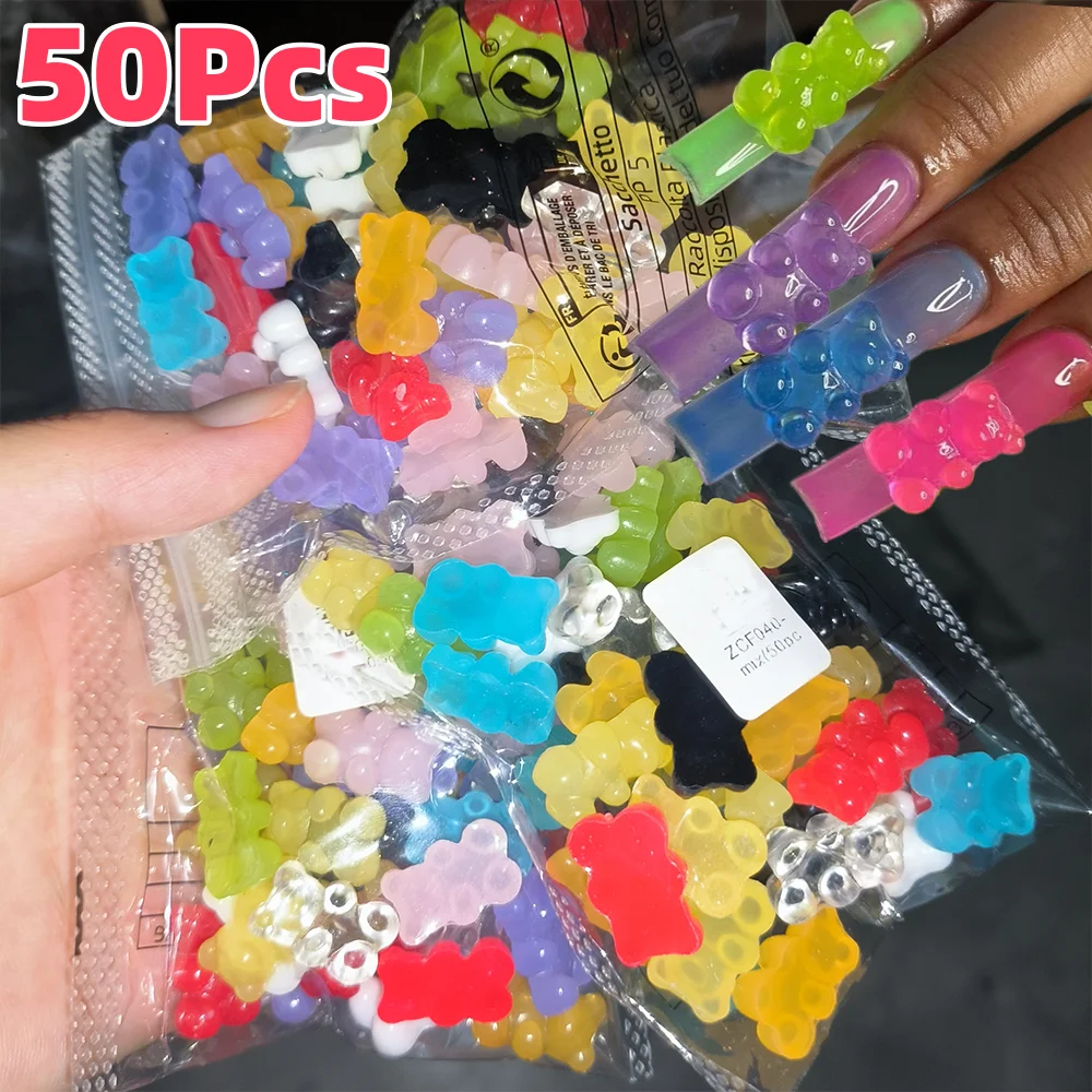 50 stücke 3D Zufällige Farbe Gummibärchen Nail art Charms Harz Flatback Nette Candy Bears Nail art Dekorationen DIY Maniküre Zubehör &