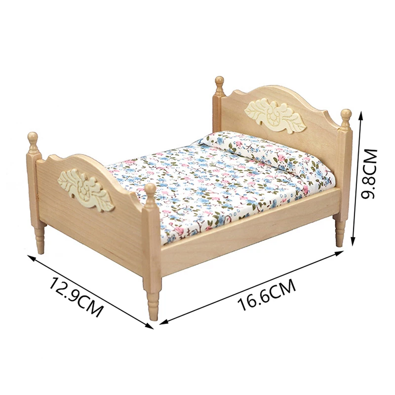 1:12 Dollhouse Miniature European Double Bed Model Furniture Accessory For Doll House Bedroom Decor Kids Pretend Play Toys Gift