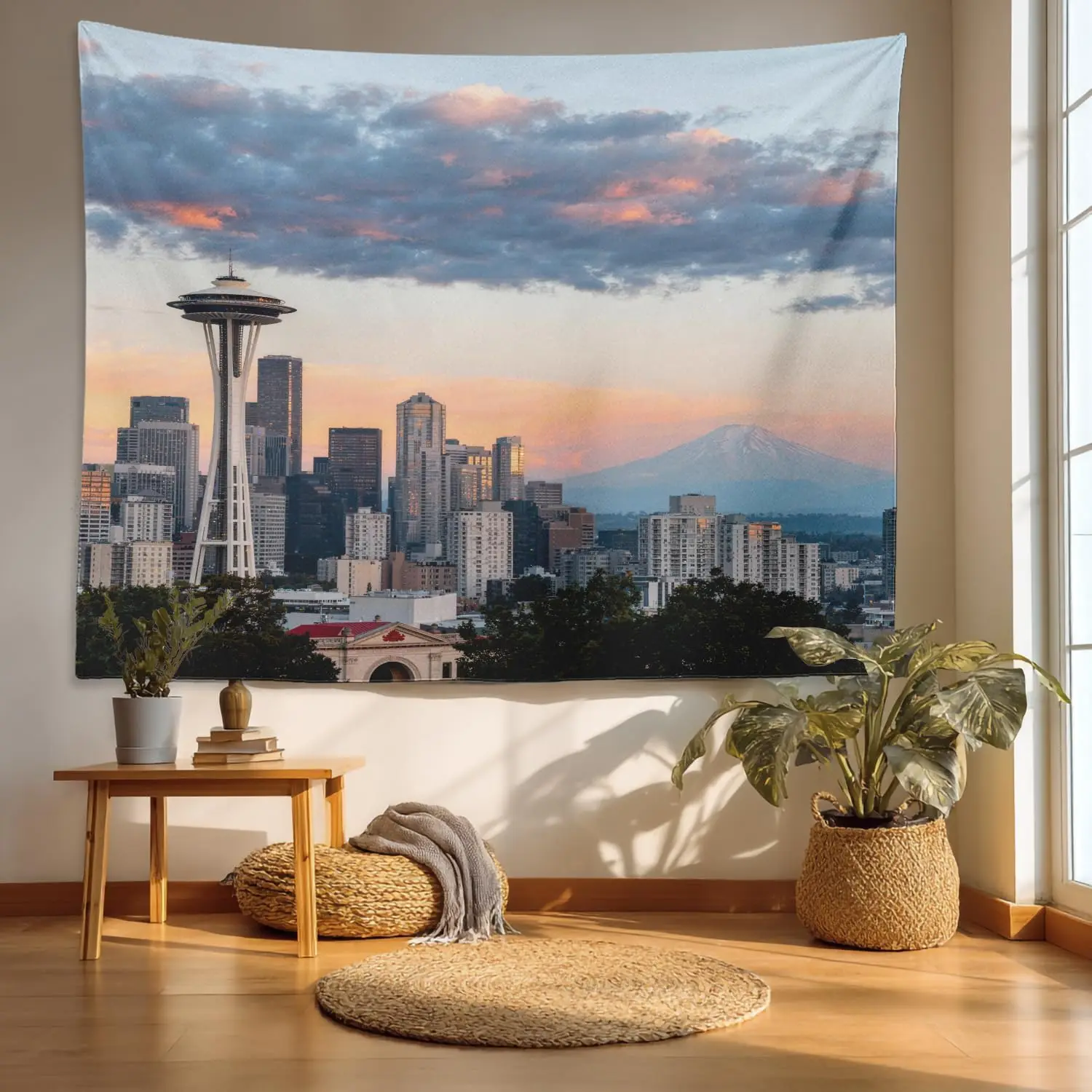 Urban Seattle Cityscape Tapestry, Space Needle Sunset Mountain Print Large Wall Art for Cozy Bedroom Living Room Dorm Aesthetic