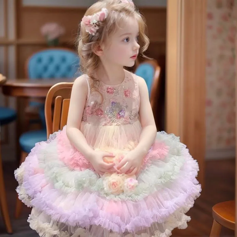

Summer Eleganc Wedding Princess Ball Gown Bow Sleeveless Shiny Birthday Party Easter Eid Layered Long Cake Dresses Girls Skirt