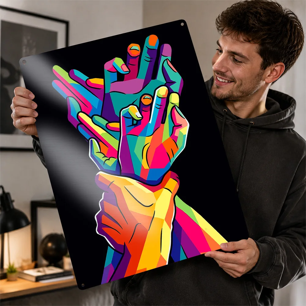 Colorful Hands Intertwined 3D Texture Metal Poster Customized Wall Art Tin Sign Gift for Mancave Living Room Interior Decoration