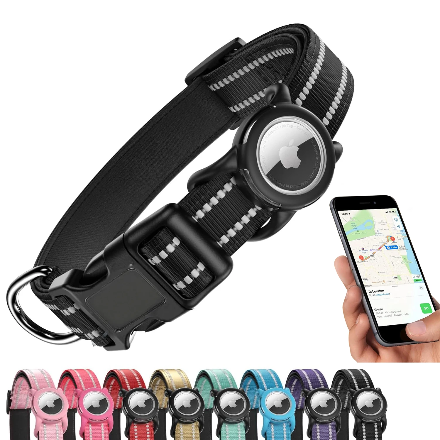Collar para perro con etiqueta de aire impermeable con soporte AirTag, acolchado suave reflectante y hebilla de seguridad, Collar para mascotas AirTag ajustable para perros
