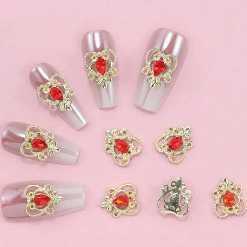 30PCS New collection of nail accessories: red heart-shaped gemstone, alloy-plated with diamonds, water droplet design.
