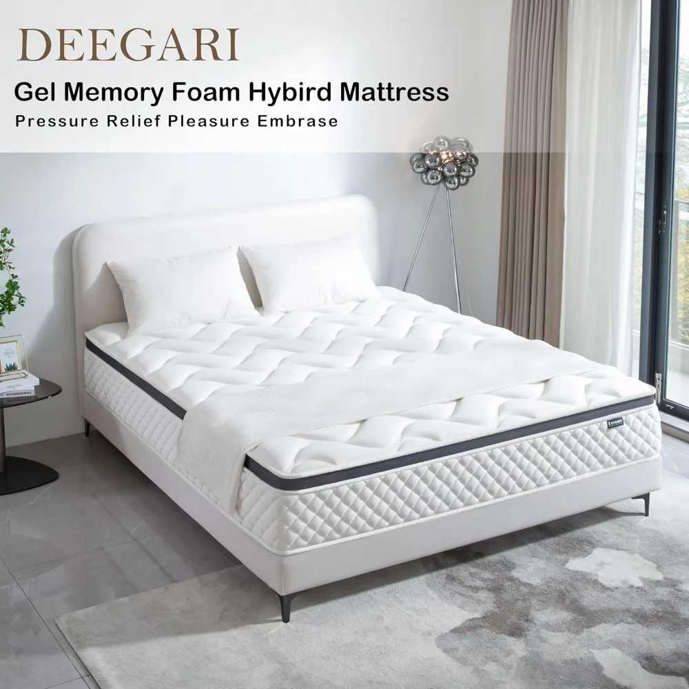 Double mattress, 10 in boxed queen mattress, gel memory foam and built-in spring hybrid mattress with individual pocket springs