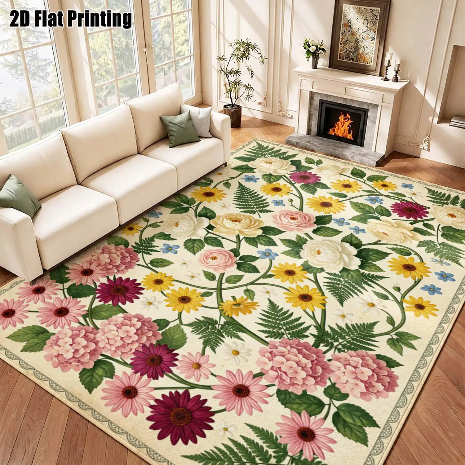 1Pc 2D Printed Retro Colorful Floral Carpet, Suitable for Instagram/European Home Decor, Multiple Sizes, Machine Washable, Usable as a Multi-Scene Mat/Rug