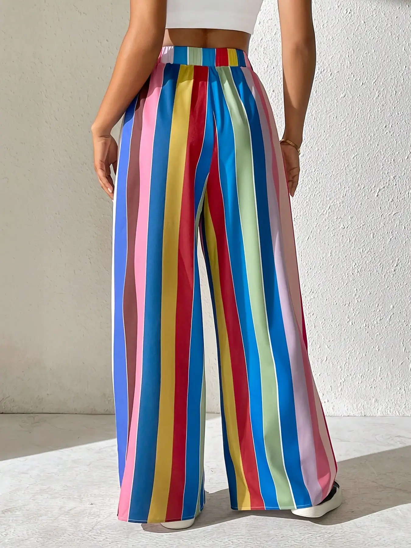 2026 Casual and Elegant Women's Plus Size Elastic Waist Loose Color Striped Comfortable Wide Leg Pants Long Pants 2