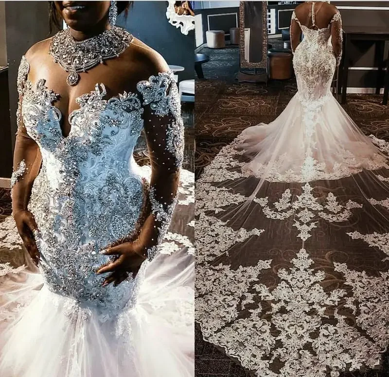 Customized Plus Size African Mermaid Wedding Dresses Sheer Jewel Neck Illusion Long Sleeves Luxury Stones Lace Appliques Bridal