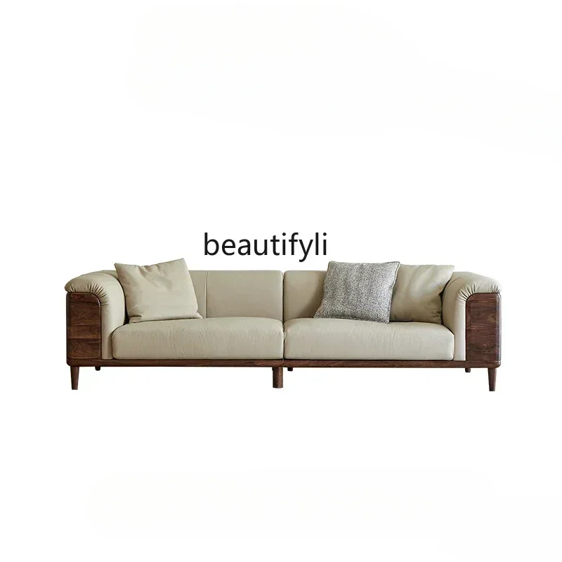 

LJYNorth American Black Walnut Wooden Sofa Combination Mid-Ancient Retro Leather Straight Four-Seat Sofa
