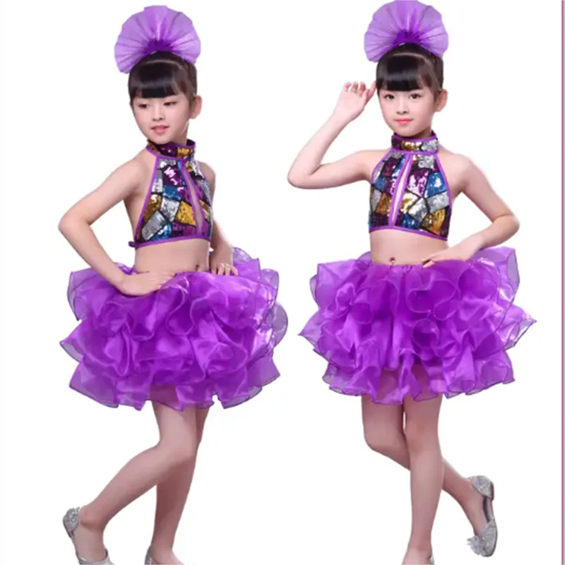 子供の紫色のふくらんでいるスカート、バレエドレス、ジャズダンスドレス、かわいい 女の子のためのダンスドレスのカラフルなスパンコール、子供のためのyarnドレス