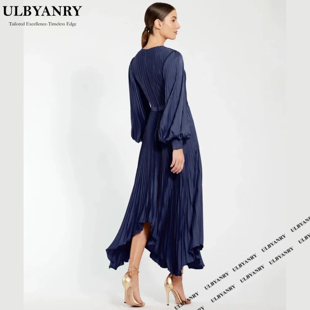 ULBYANRY Fashionable Pleate Satin Lantern Sleeve Party Dress Elegant Solid O-neck Prom Dress Customized Asymmetrical Midi Dress